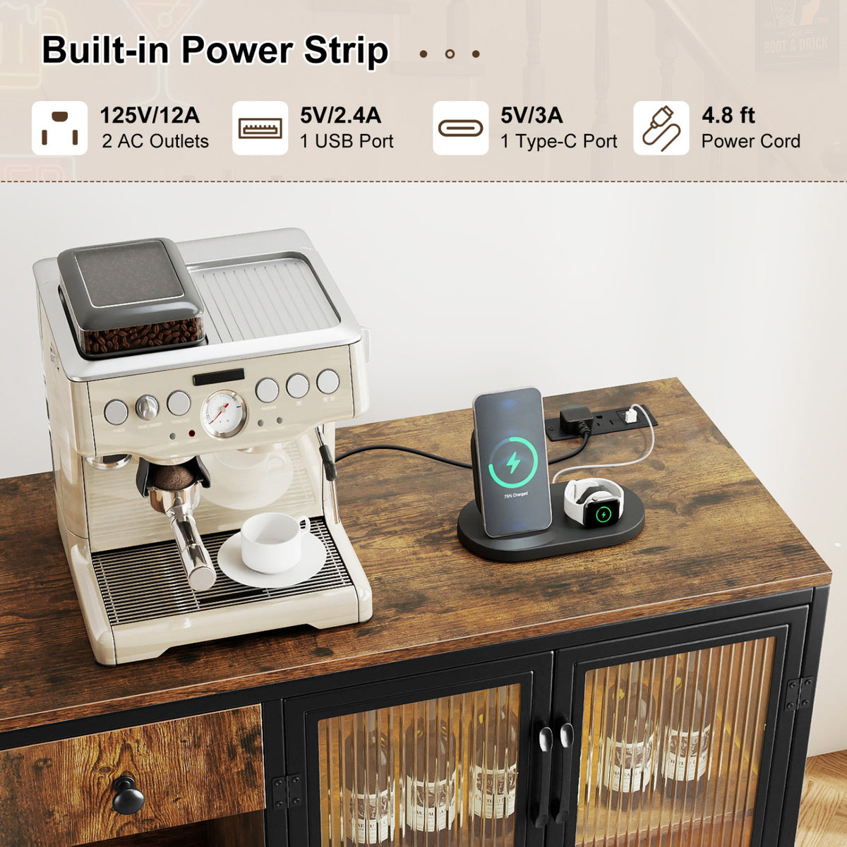 Buffet Sideboard with Power Outlets and LED Light - Rustic Brown