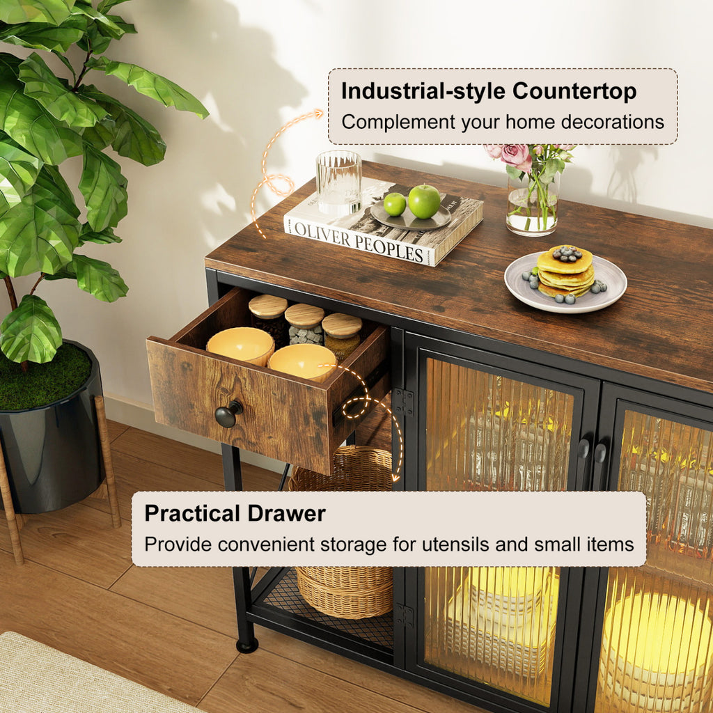 Buffet Sideboard with Power Outlets and LED Light - Rustic Brown