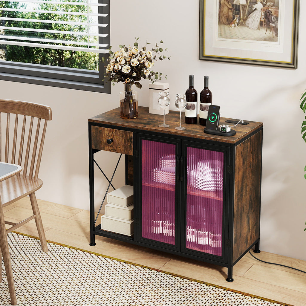 Buffet Sideboard with Power Outlets and LED Light - Rustic Brown