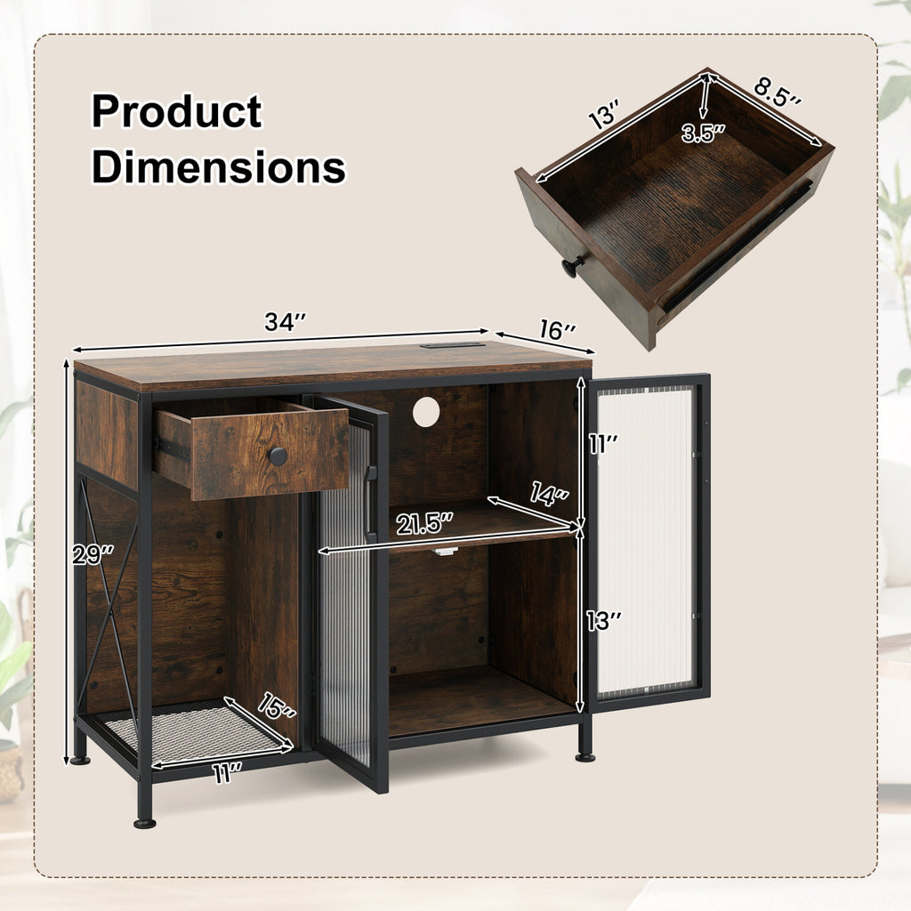 Buffet Sideboard with Power Outlets and LED Light - Rustic Brown