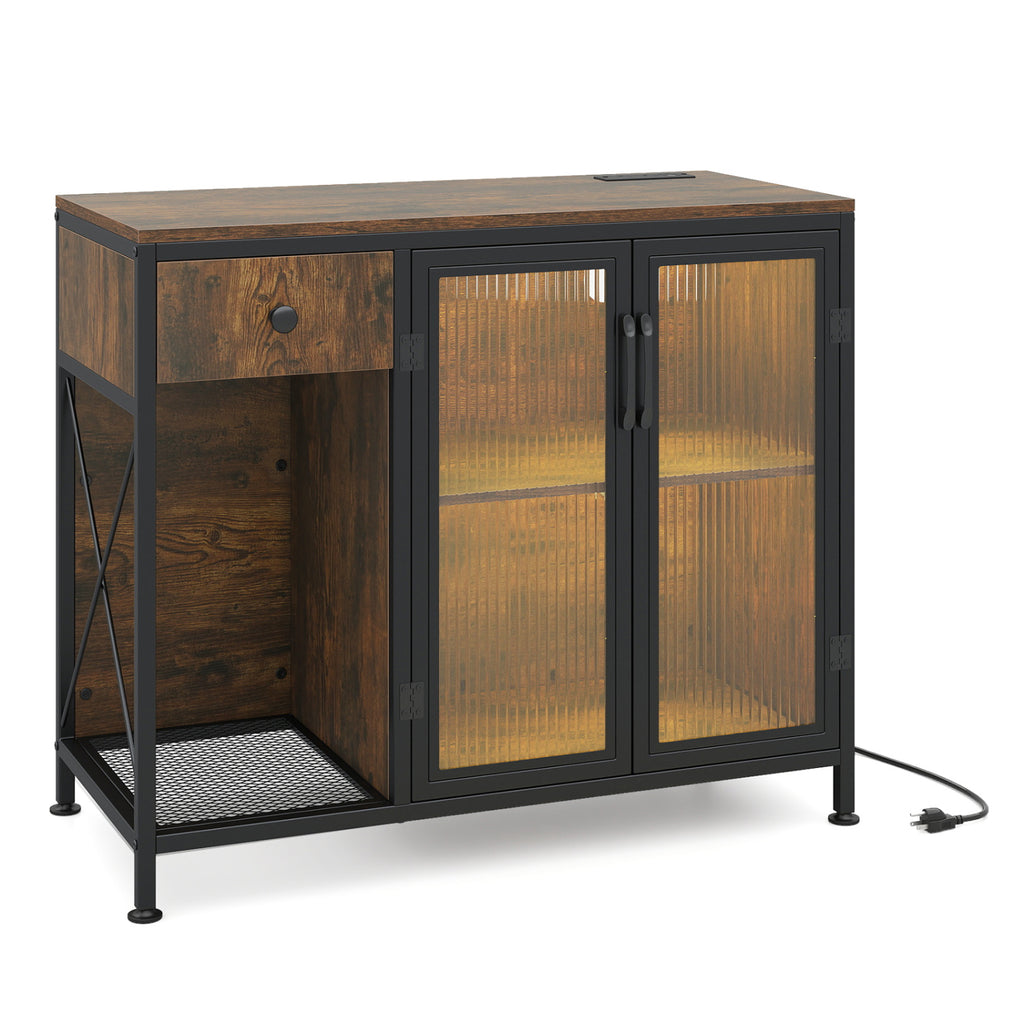 Buffet Sideboard with Power Outlets and LED Light - Rustic Brown