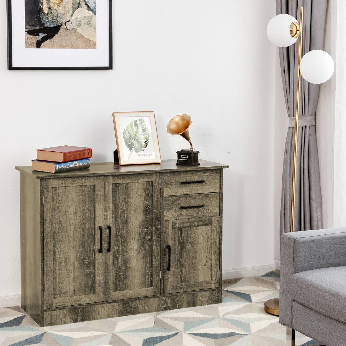 3-Door Storage Cabinet with 2 Drawers, Gray