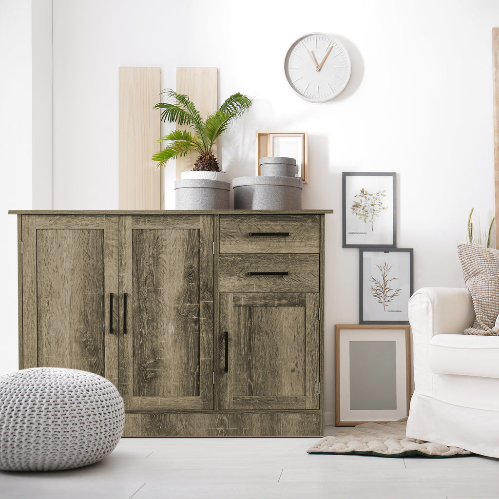 3-Door Storage Cabinet with 2 Drawers, Gray