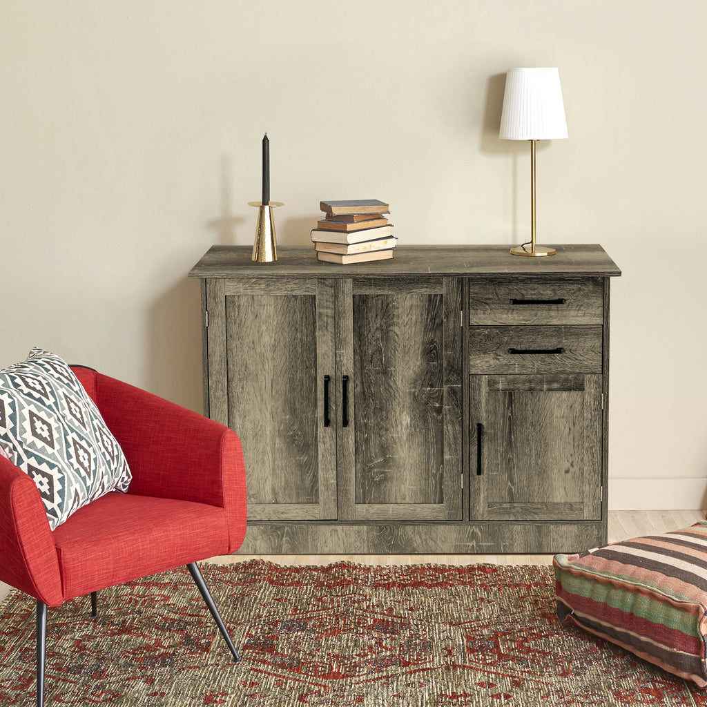 3-Door Storage Cabinet with 2 Drawers, Gray