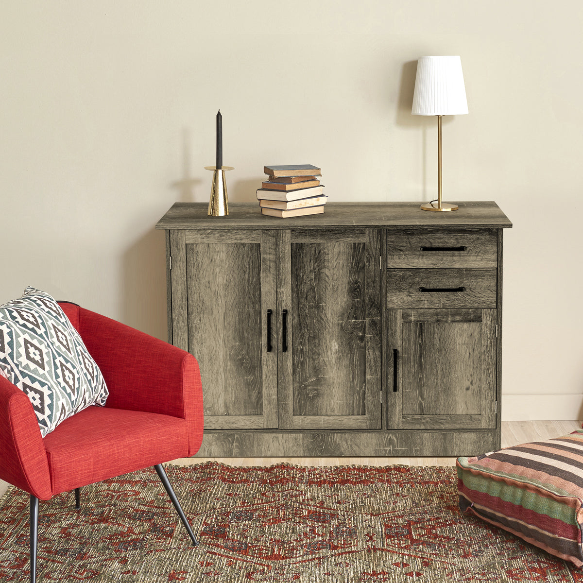 3-Door Storage Cabinet with 2 Drawers, Gray