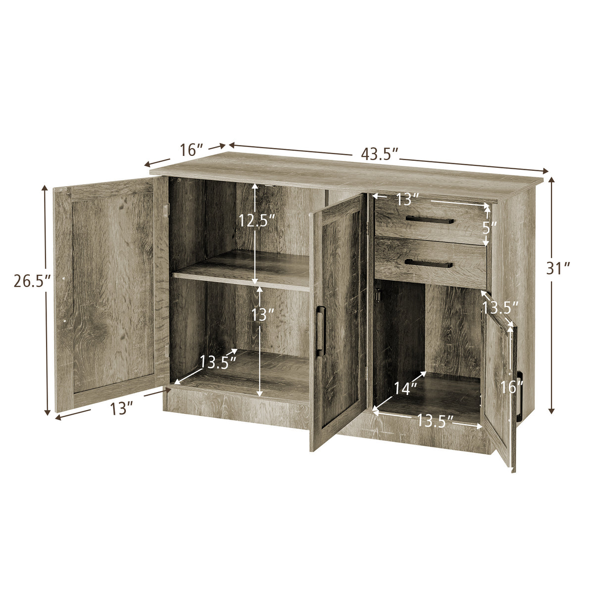 3-Door Storage Cabinet with 2 Drawers, Gray