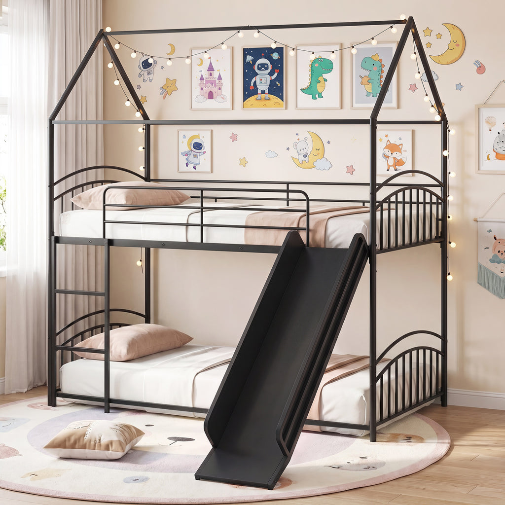 Twin Over Twin House Bunk Bed with Slide & Ladder, Black