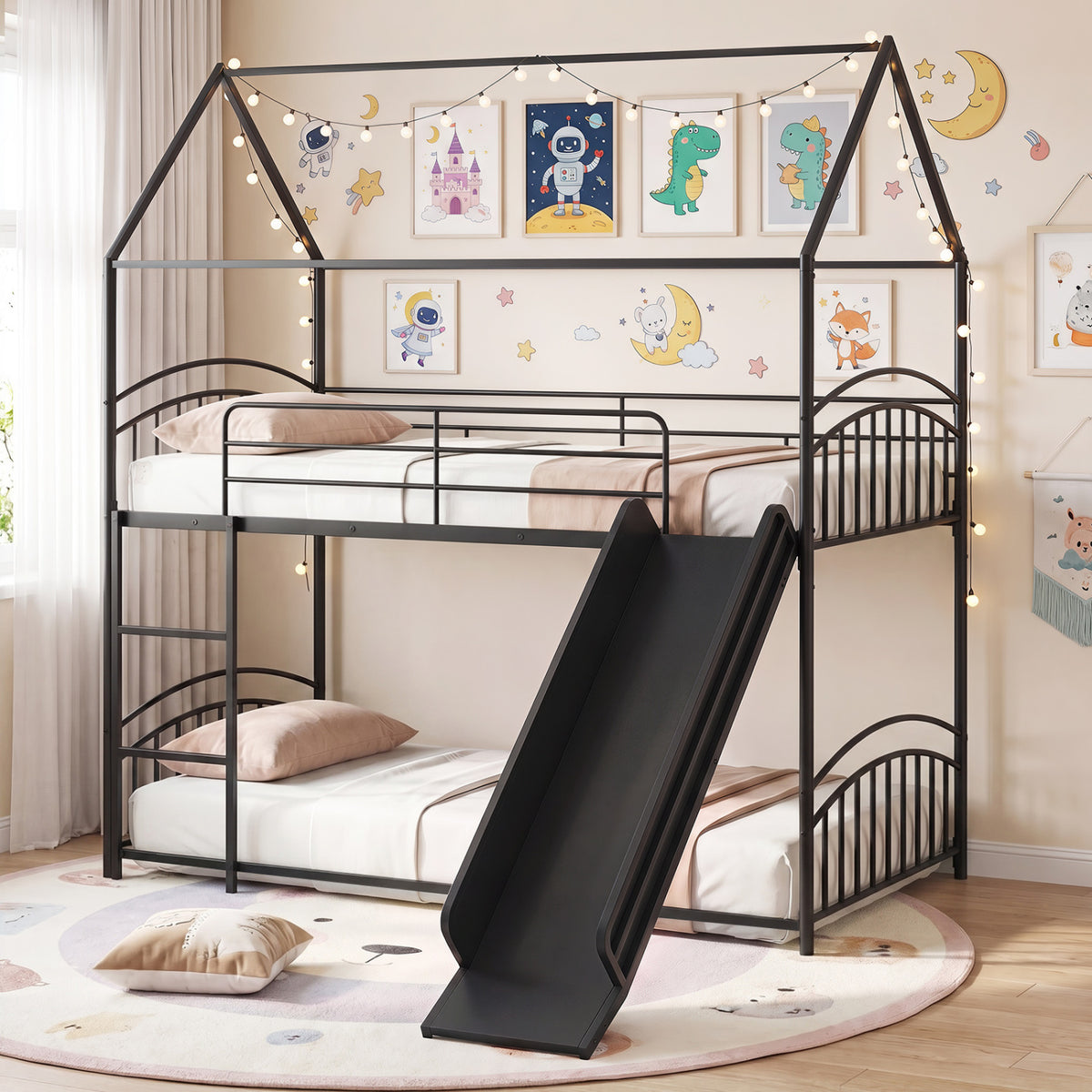 Twin Over Twin House Bunk Bed with Slide & Ladder, Black
