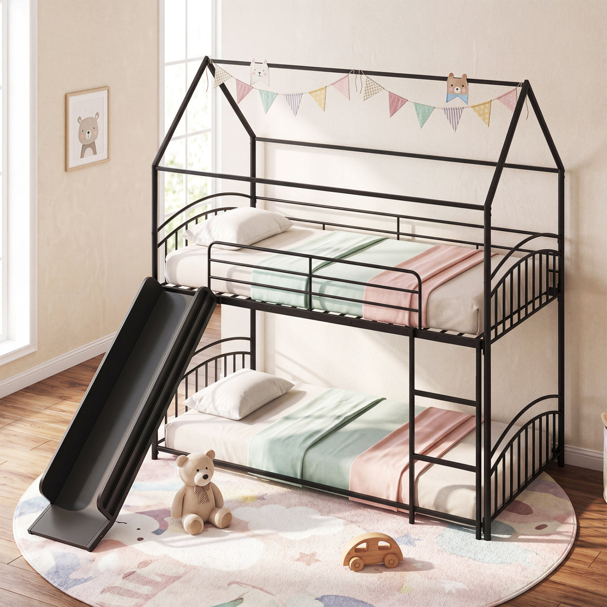 Twin Over Twin House Bunk Bed with Slide & Ladder, Black