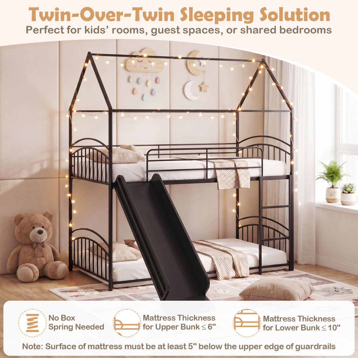 Twin Over Twin House Bunk Bed with Slide & Ladder, Black