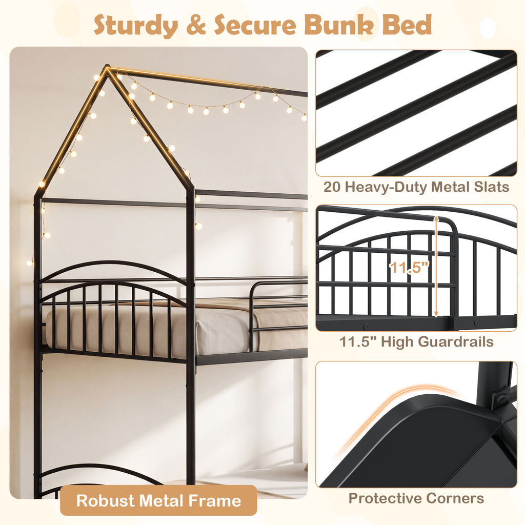 Twin Over Twin House Bunk Bed with Slide & Ladder, Black