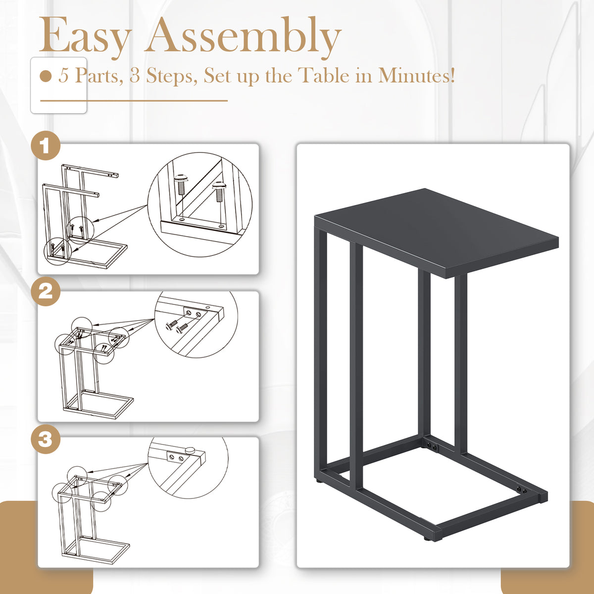 C-Shaped Side Table with Adjustable Foot Pads, Dark Gray