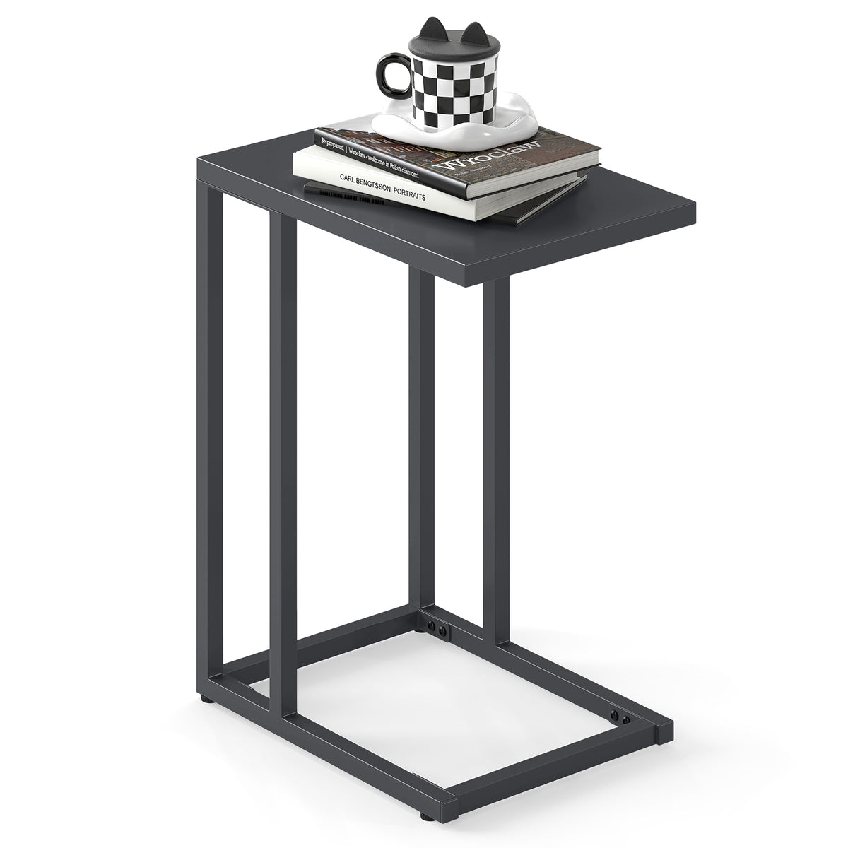 C-Shaped Side Table with Adjustable Foot Pads, Dark Gray