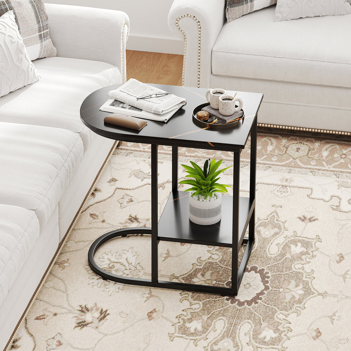 C-Shaped Side Table with Faux Marble Top and Storage, Black