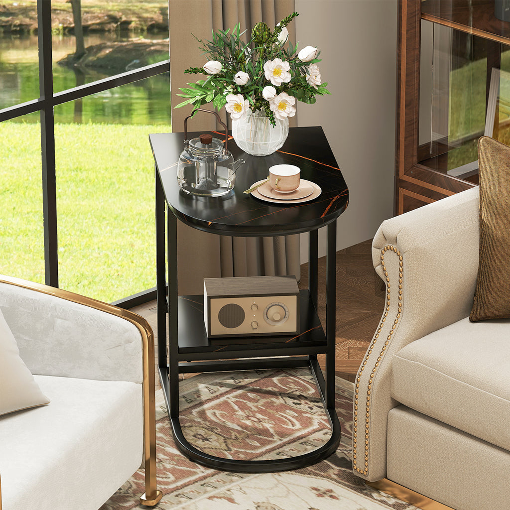 C-Shaped Sofa Side Table with Faux Marble Top - Black