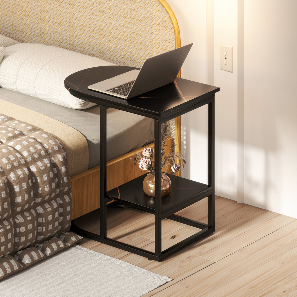 C-Shaped Side Table with Faux Marble Top and Storage, Black