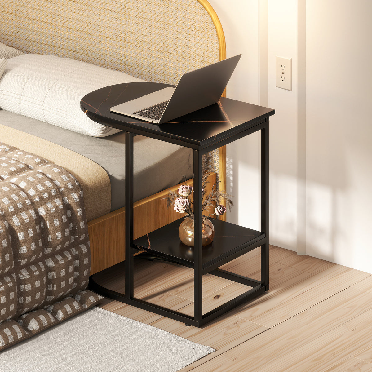 C-Shaped Side Table with Faux Marble Top and Storage, Black
