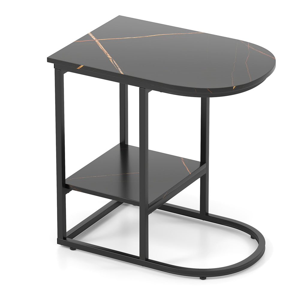 C-Shaped Sofa Side Table with Faux Marble Top - Black
