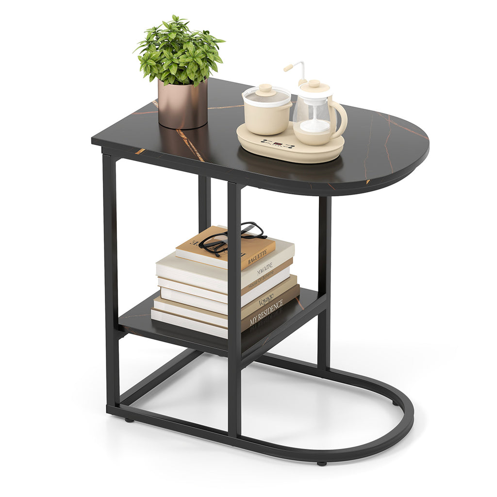 C-Shaped Sofa Side Table with Faux Marble Top - Black