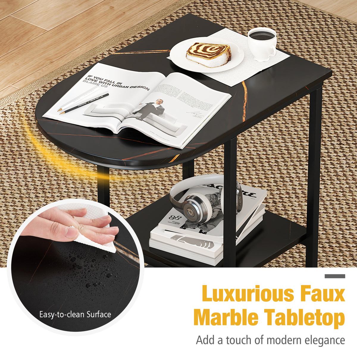 C-Shaped Side Table with Faux Marble Top and Storage, Black