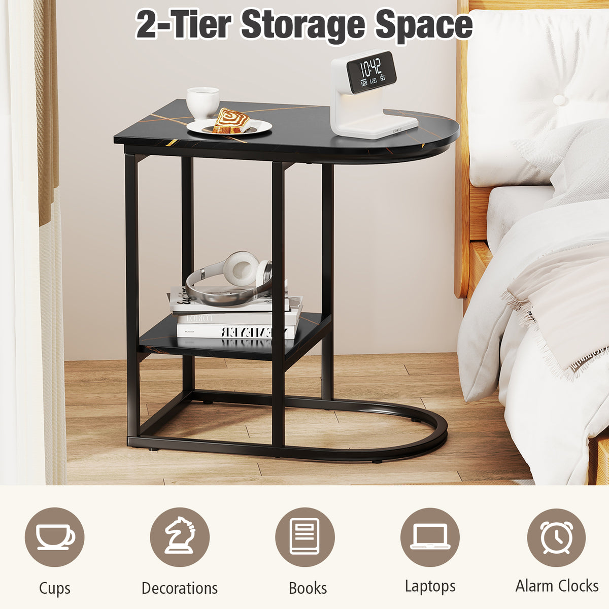 C-Shaped Side Table with Faux Marble Top and Storage, Black