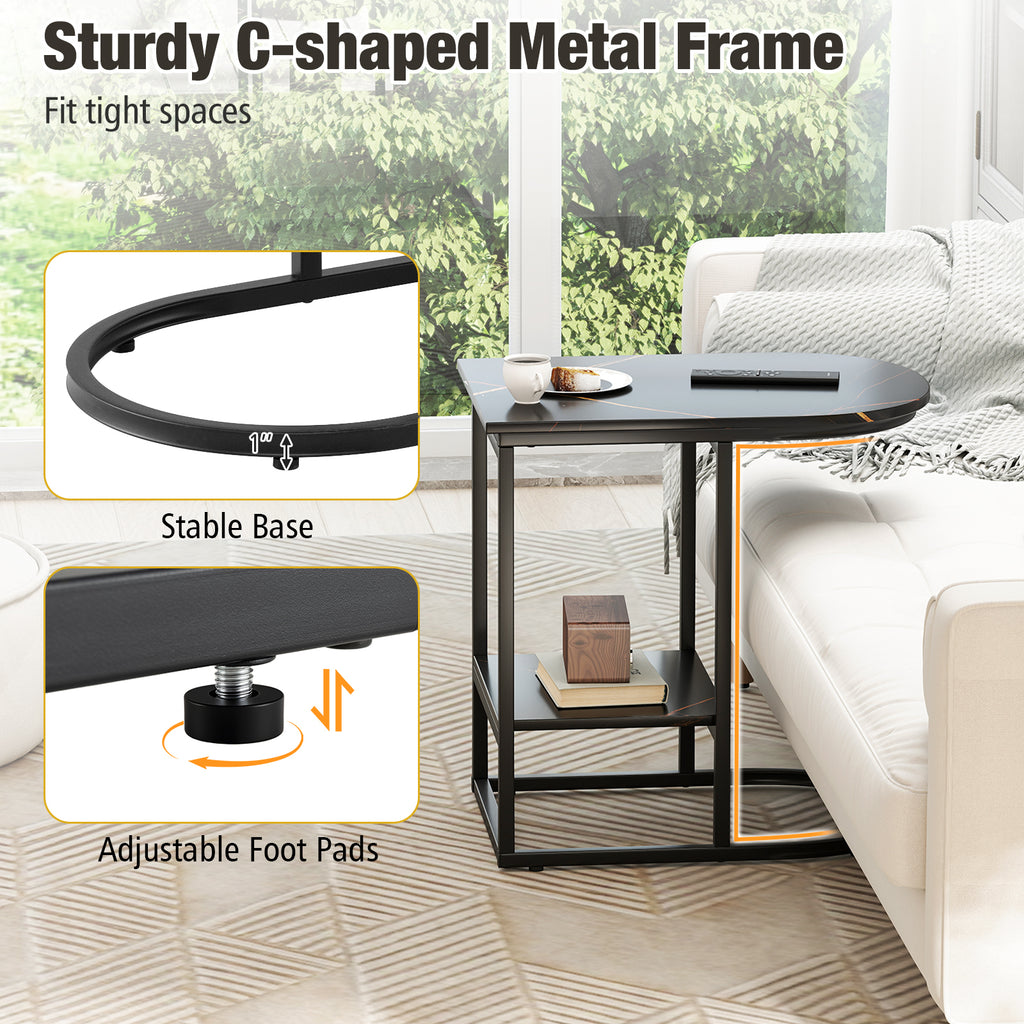 C-Shaped Side Table with Faux Marble Top and Storage, Black