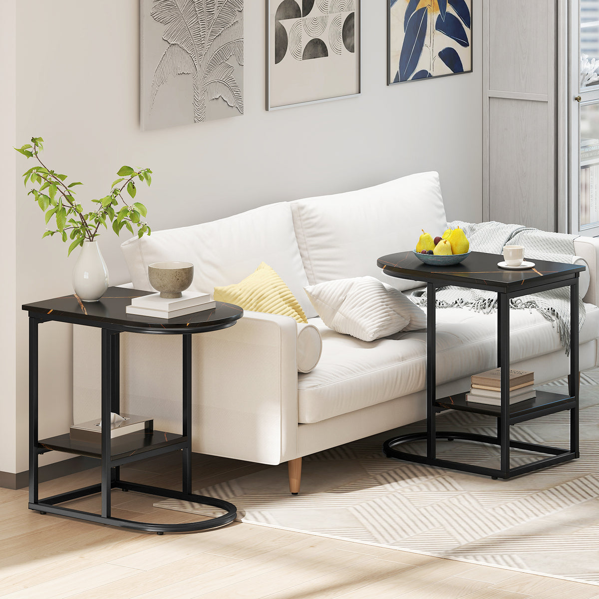 C-Shaped Side Table with Faux Marble Top and Storage, Black