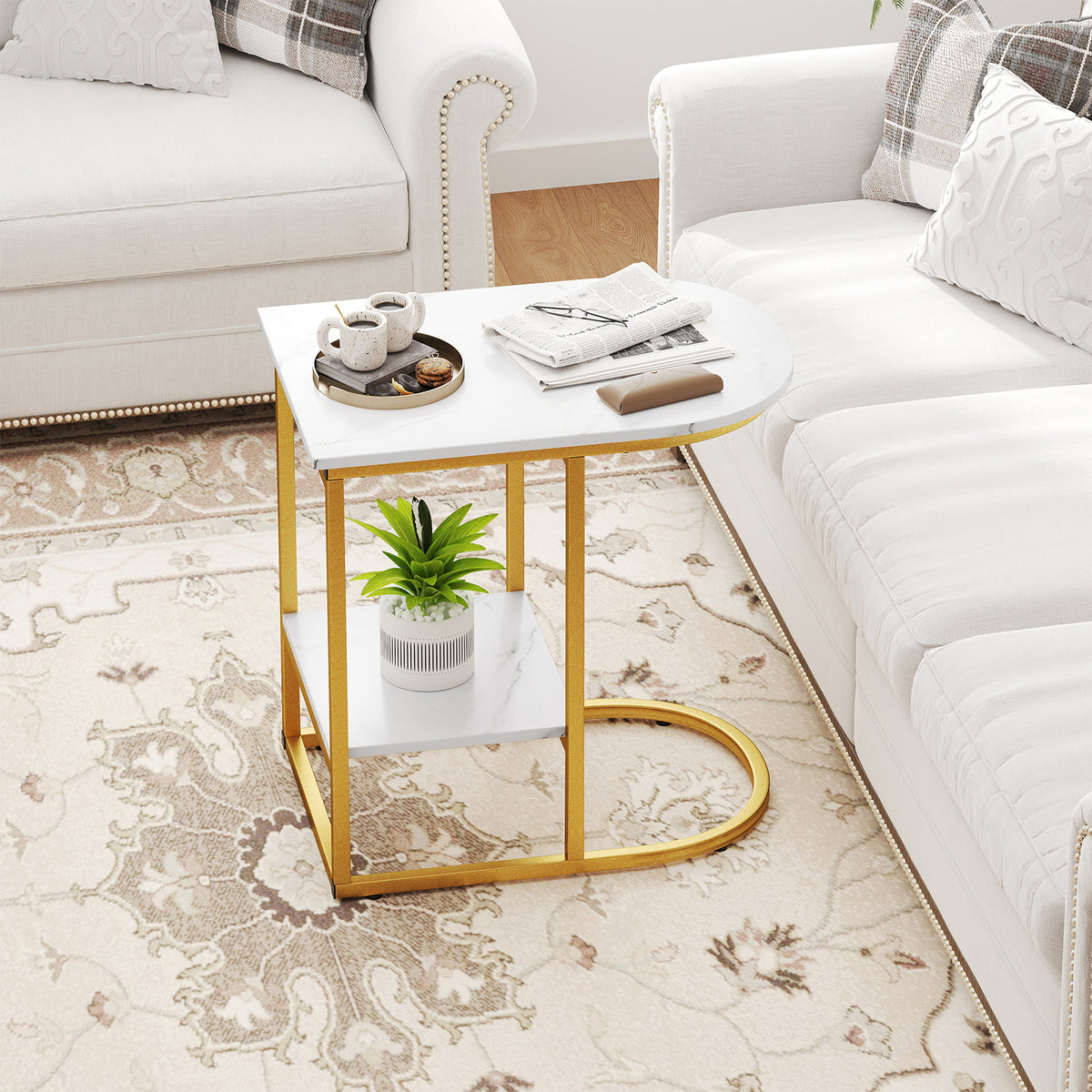 C-Shaped Side Table with Faux Marble Top and Storage, Black