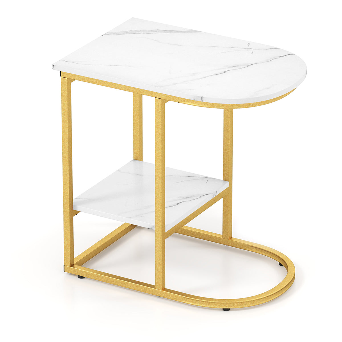 C-Shaped Side Table with Faux Marble Top and Storage, Black