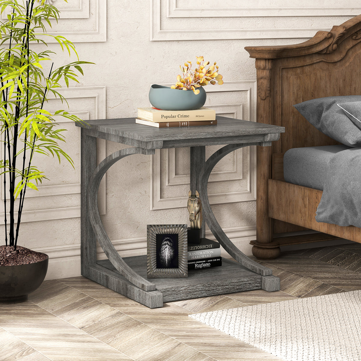 C-Shaped 24 Inch 2-Tier End Table, Gray