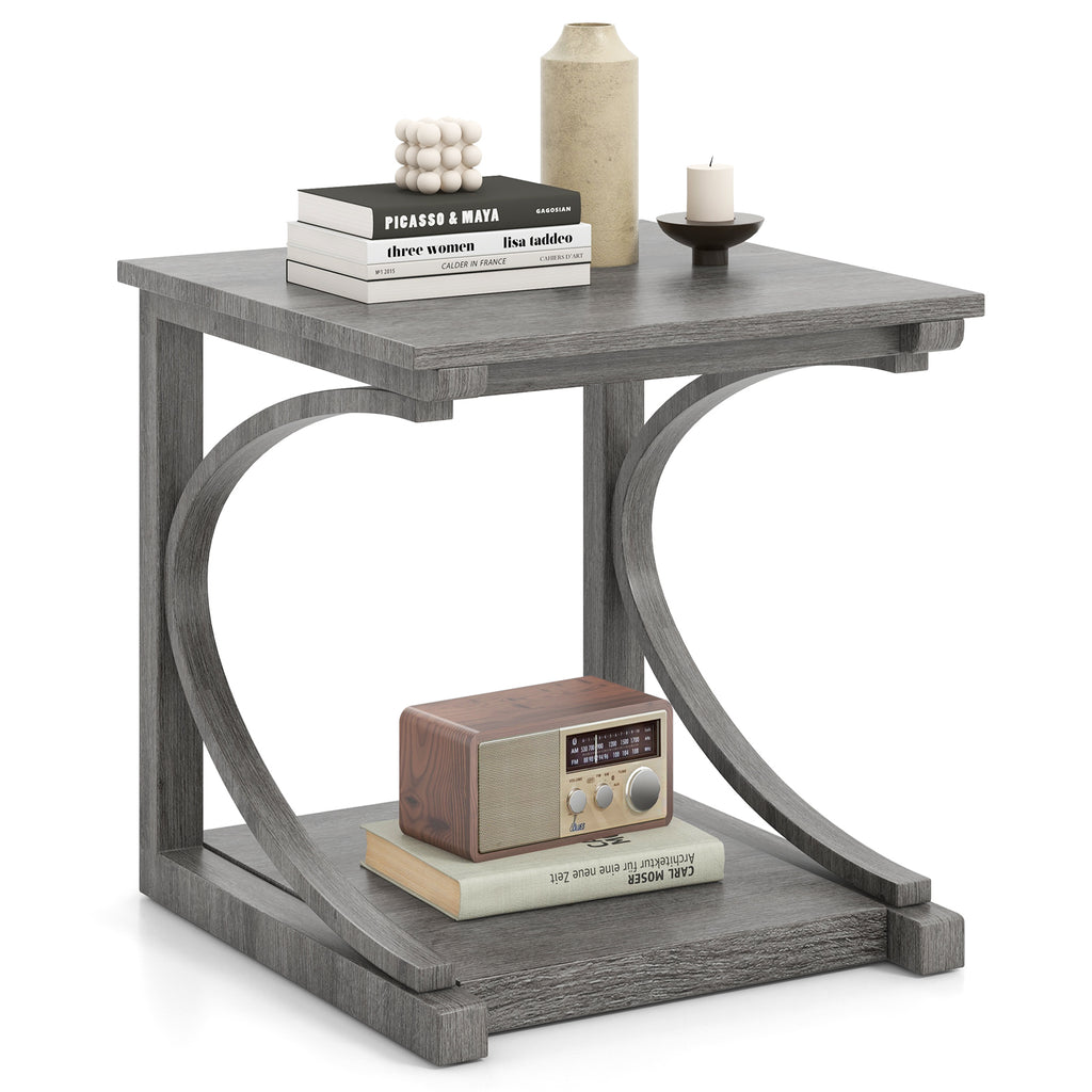 C-Shaped 24 Inch 2-Tier End Table, Gray