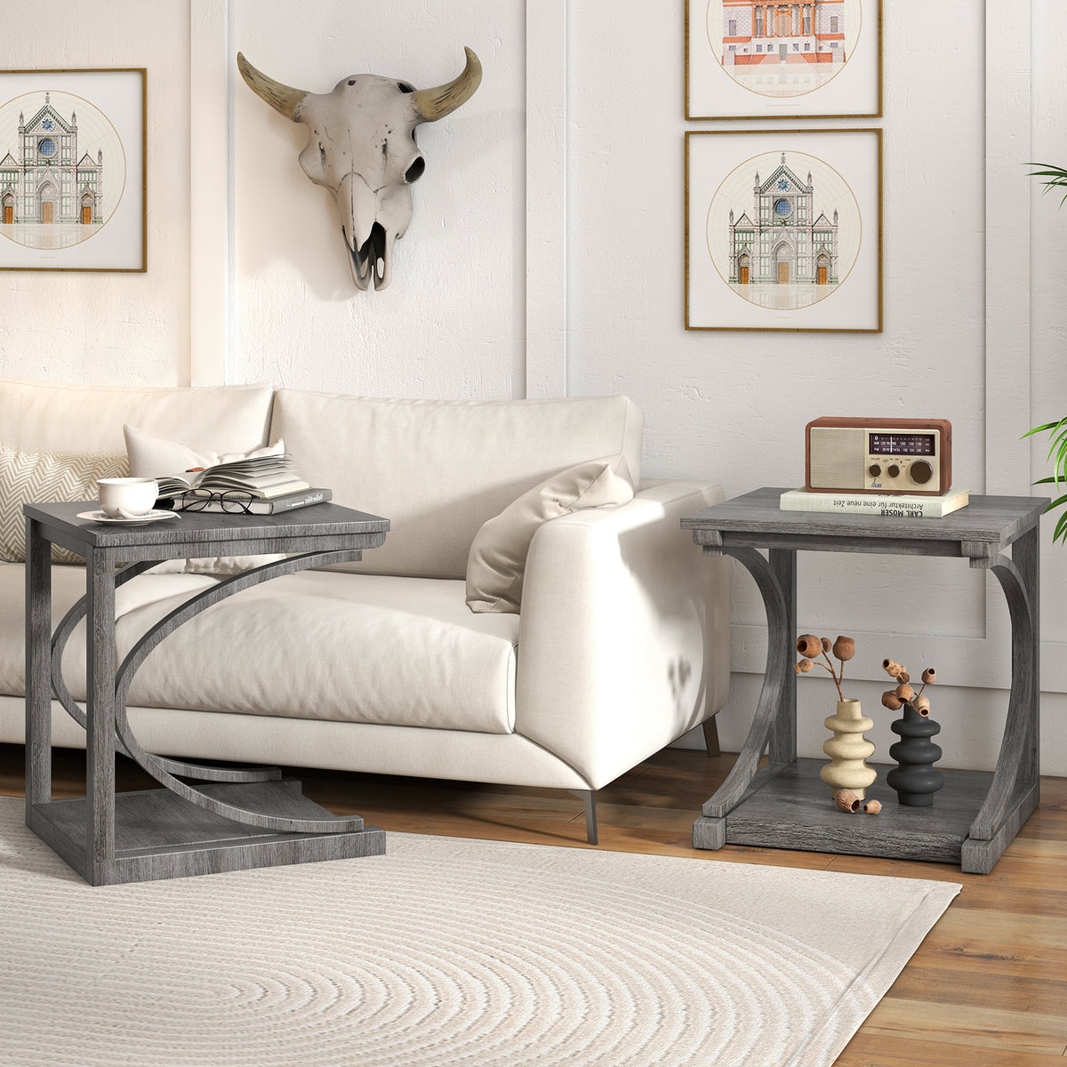 C-Shaped 24 Inch 2-Tier End Table, Gray