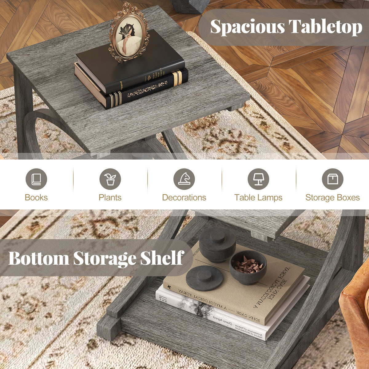 C-Shaped 24 Inch 2-Tier End Table, Gray