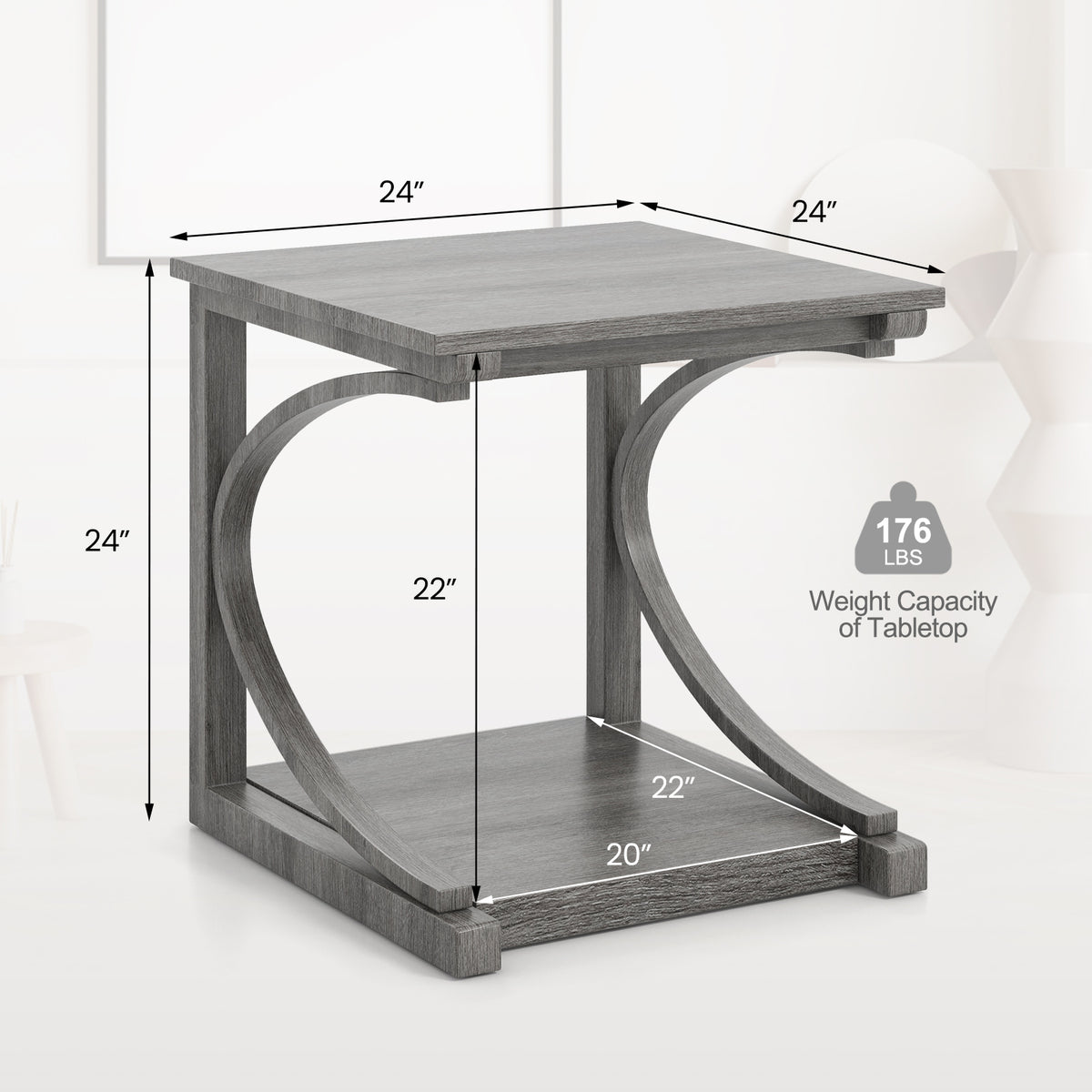 C-Shaped 24 Inch 2-Tier End Table, Gray