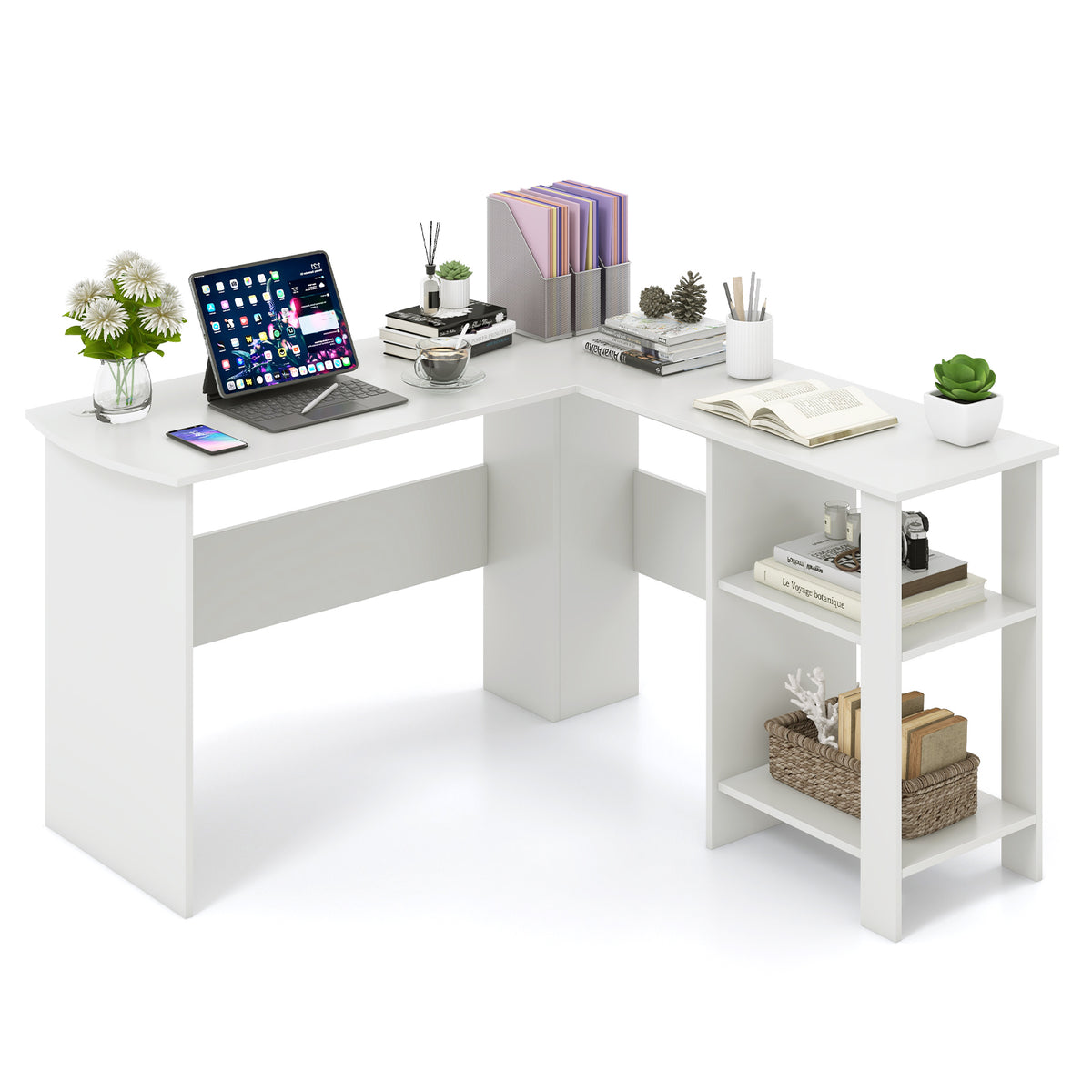 Large L-Shaped Computer Desk with Storage Shelves - White