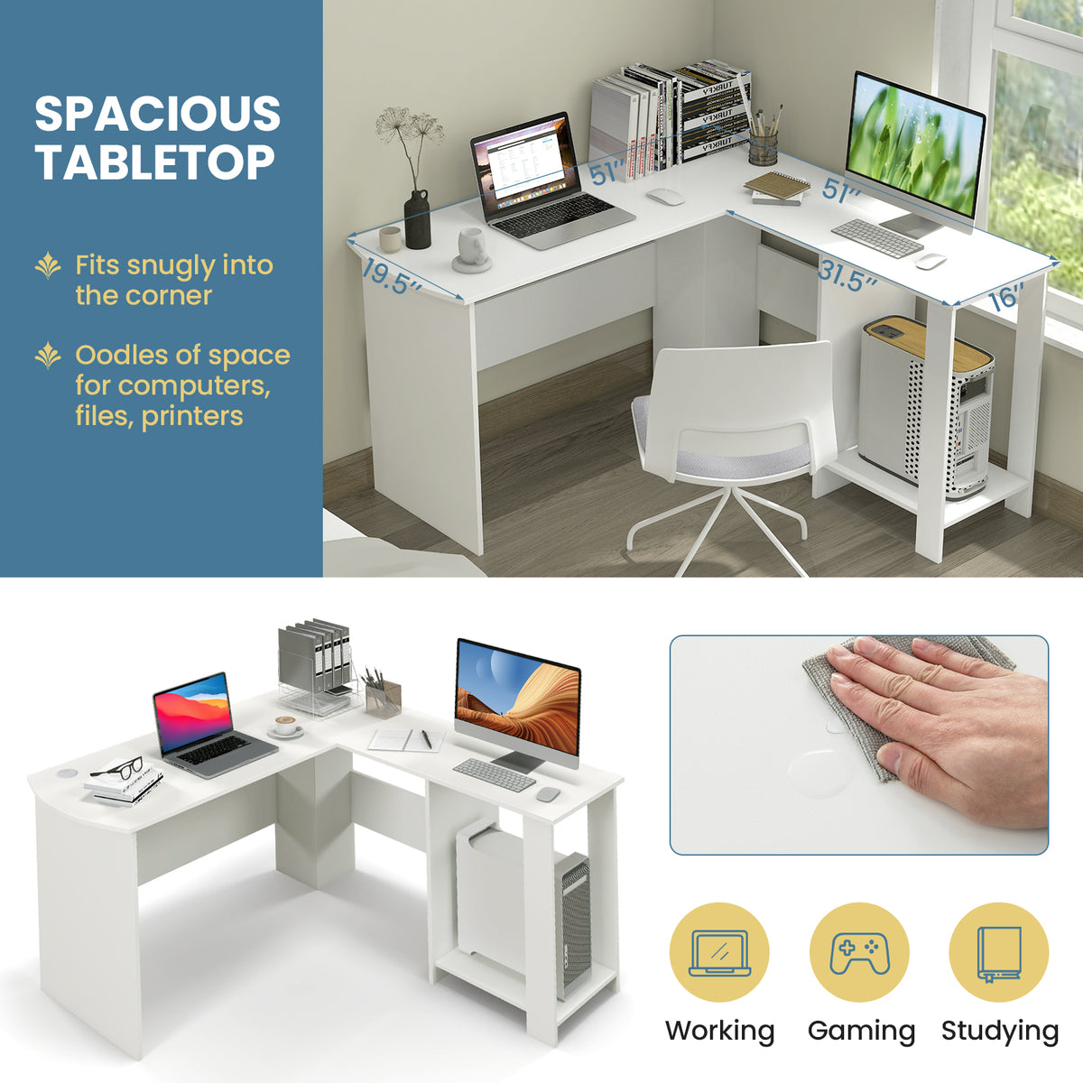 Large L-Shaped Computer Desk with Storage Shelves - White