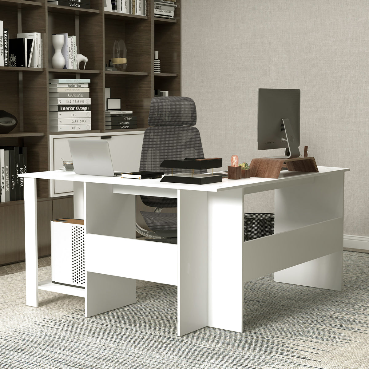 Large L-Shaped Computer Desk with Storage Shelves - White