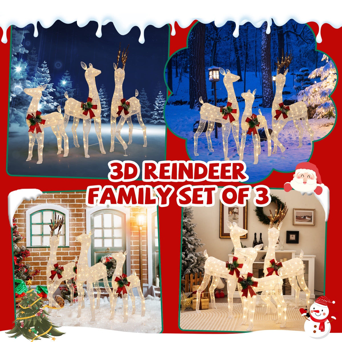 3-Piece Pre-lit Christmas Reindeer Family Decor with 230 Warm White LED Lights - Outdoor Indoor Holiday Ornament