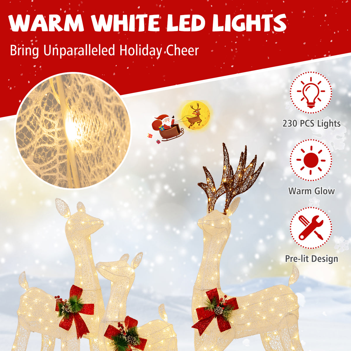 3-Piece Pre-lit Christmas Reindeer Family Decor with 230 Warm White LED Lights - Outdoor Indoor Holiday Ornament