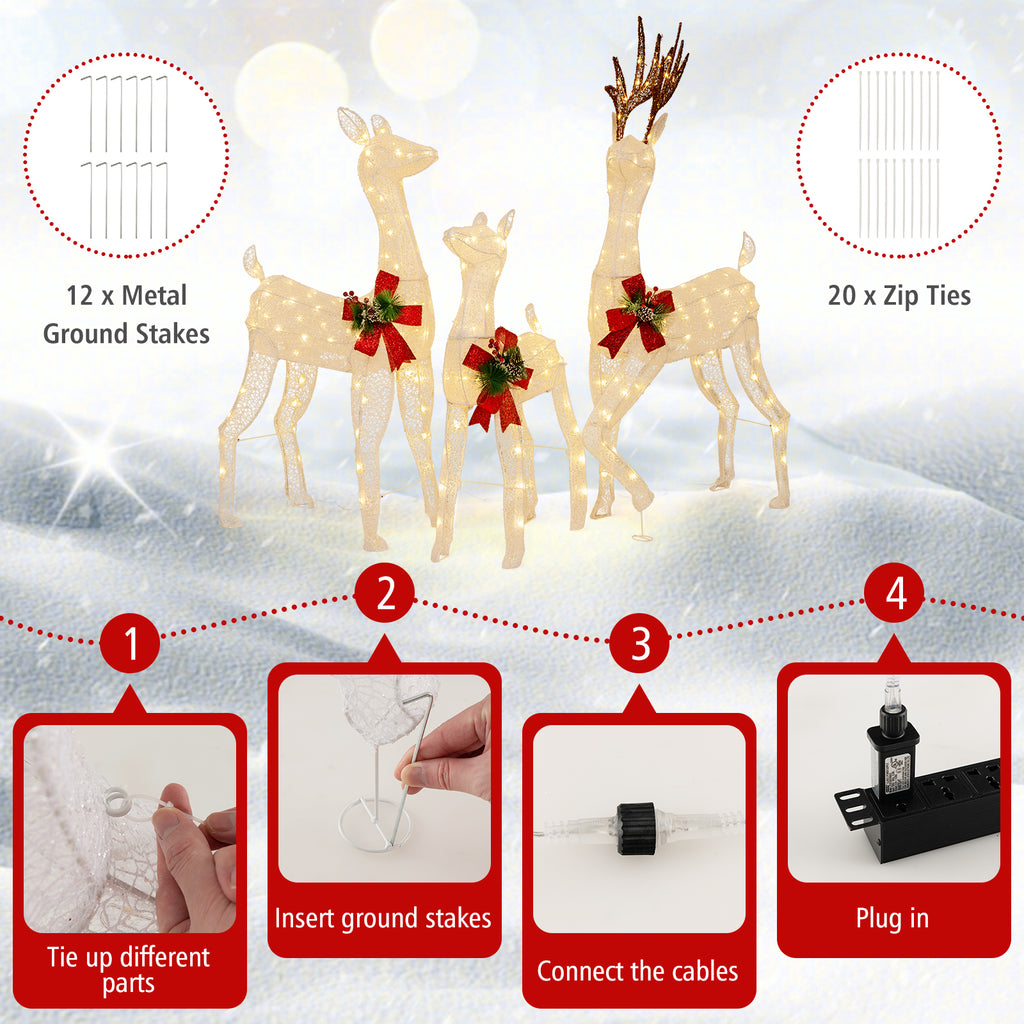 3-Piece Pre-lit Christmas Reindeer Family Decor with 230 Warm White LED Lights - Outdoor Indoor Holiday Ornament