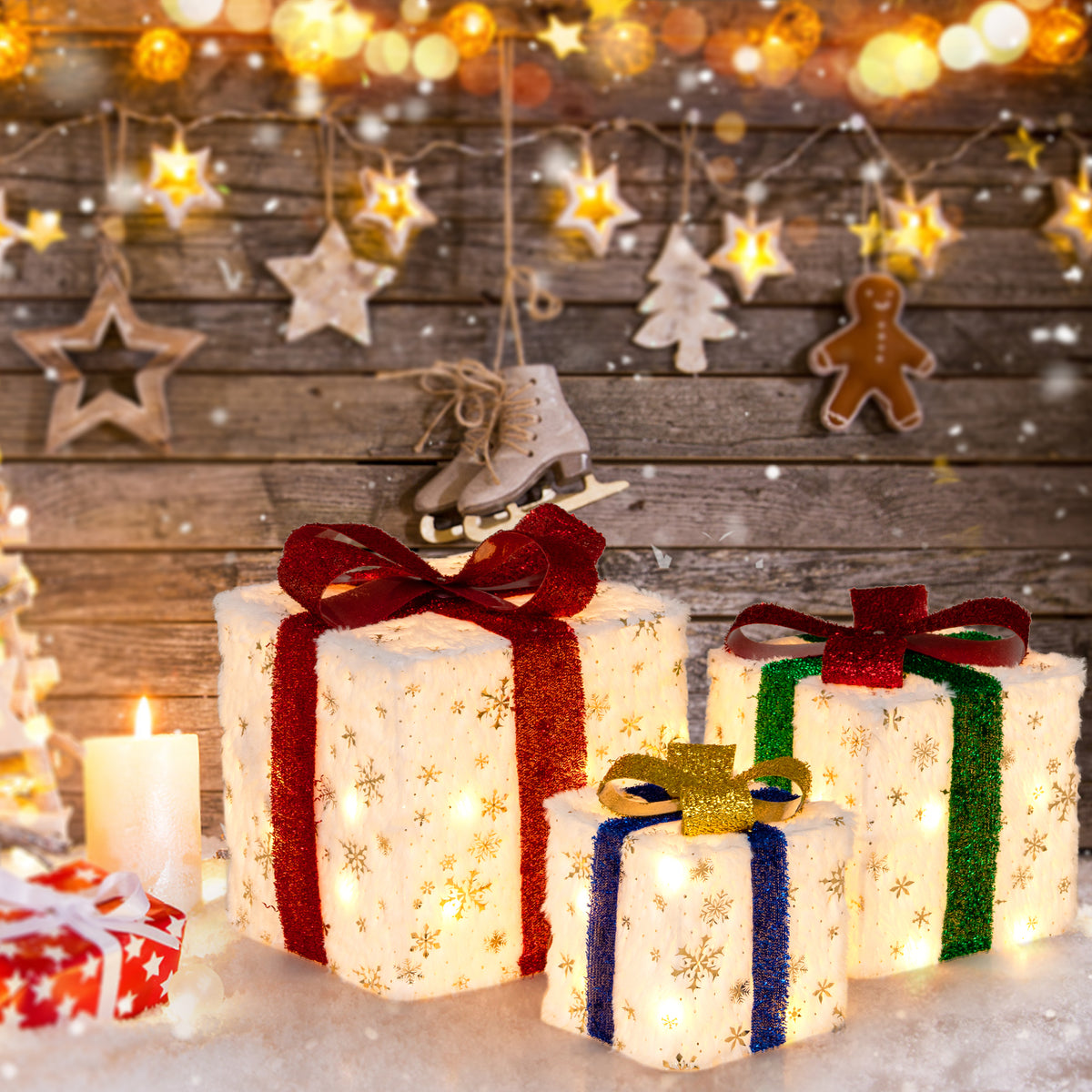 Set of 3 Christmas Lighted Gift Boxes with 48 Warm LED Lights - Indoor & Outdoor Decor