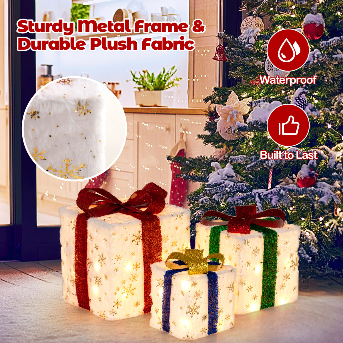 Set of 3 Christmas Lighted Gift Boxes with 48 Warm LED Lights - Indoor & Outdoor Decor