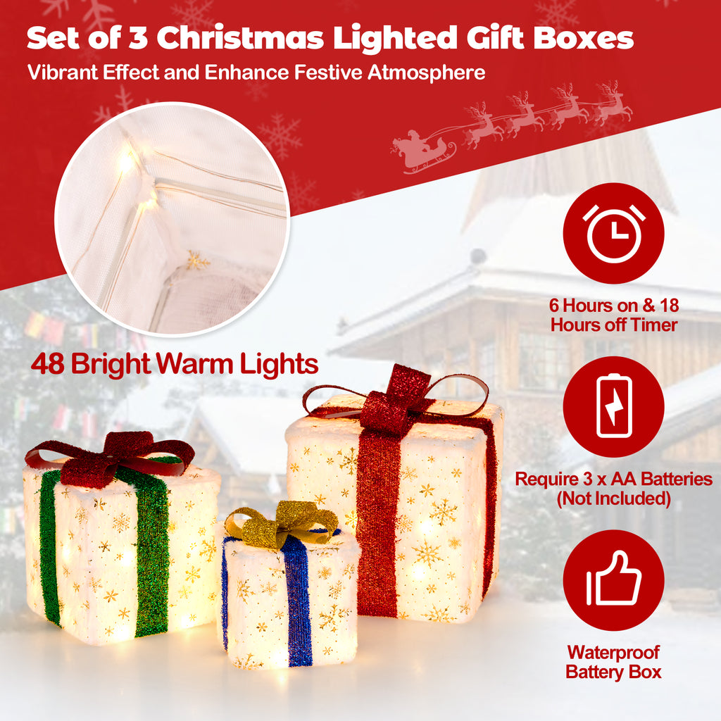 Set of 3 Christmas Lighted Gift Boxes with 48 Warm LED Lights - Indoor & Outdoor Decor