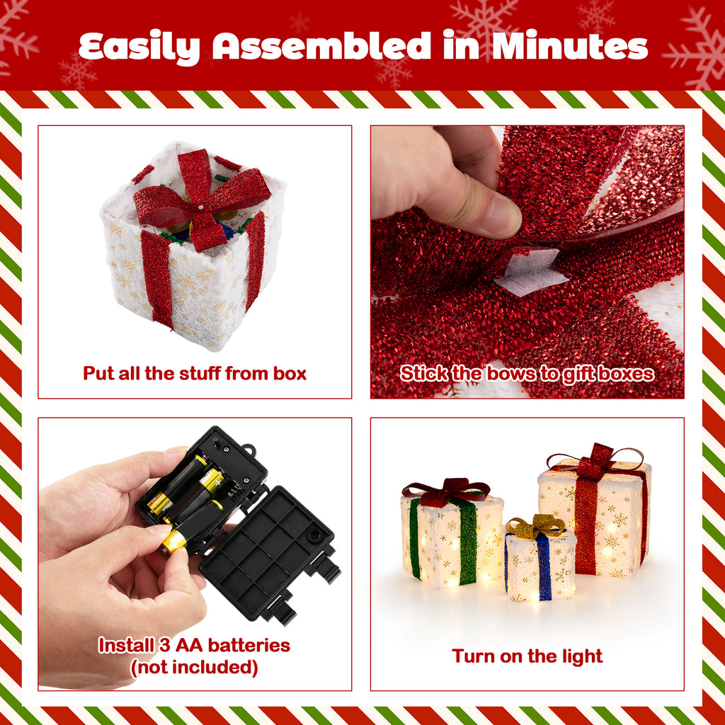 Set of 3 Christmas Lighted Gift Boxes with 48 Warm LED Lights - Indoor & Outdoor Decor
