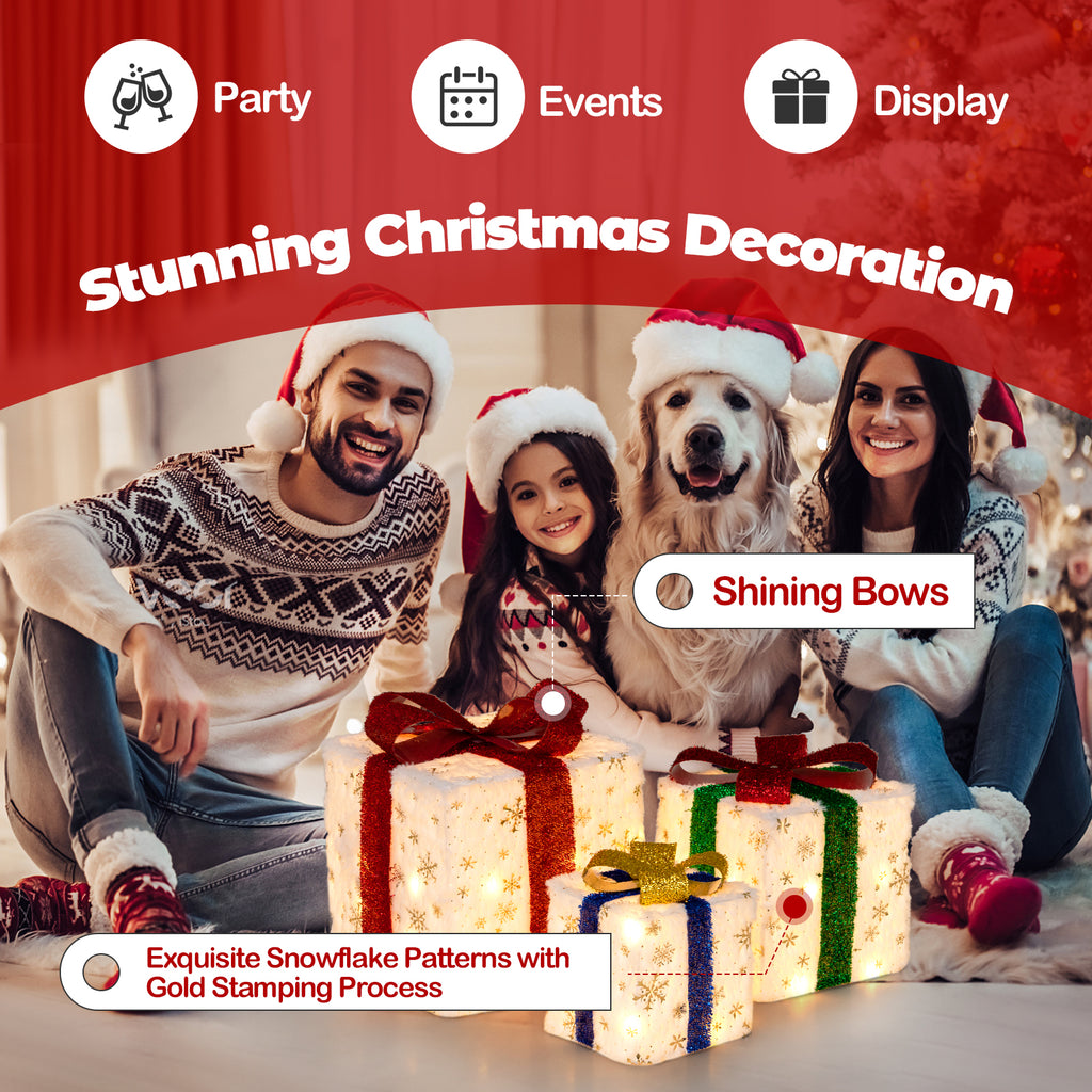 Set of 3 Christmas Lighted Gift Boxes with 48 Warm LED Lights - Indoor & Outdoor Decor