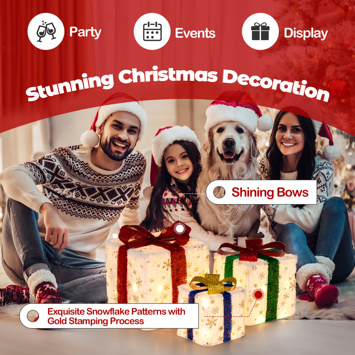 Set of 3 Christmas Lighted Gift Boxes with 48 Warm LED Lights - Indoor & Outdoor Decor