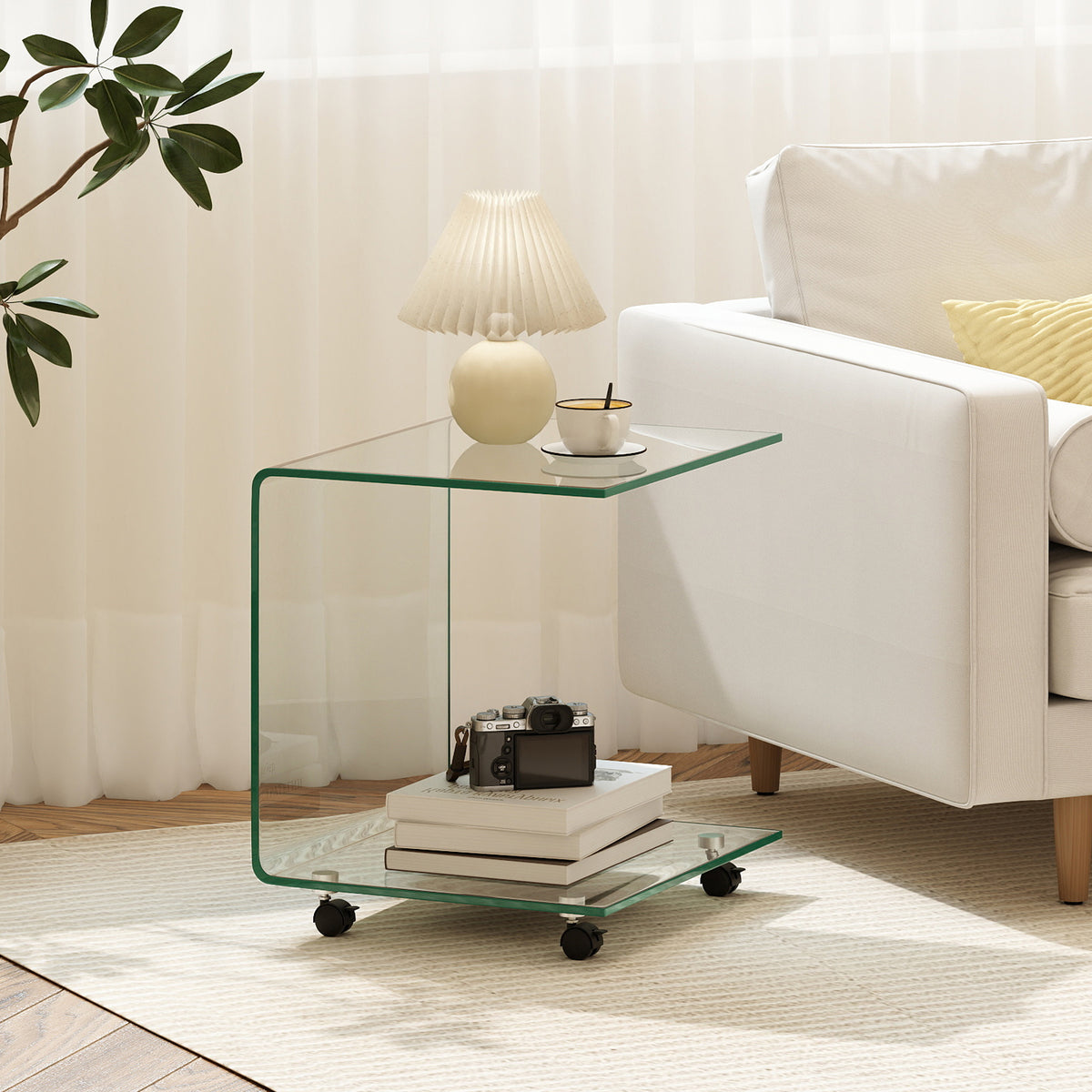 C-Shaped End Table with Shelf, White - Tempered Glass