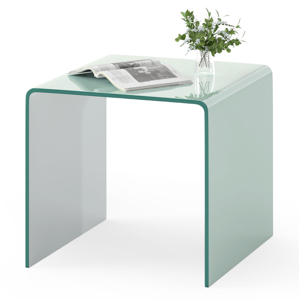 C-Shaped End Table with Shelf, White - Tempered Glass