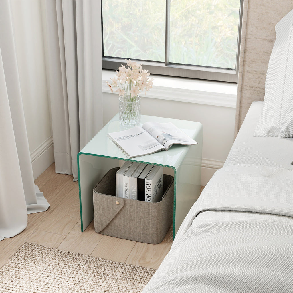 C-Shaped End Table with Shelf, White - Tempered Glass