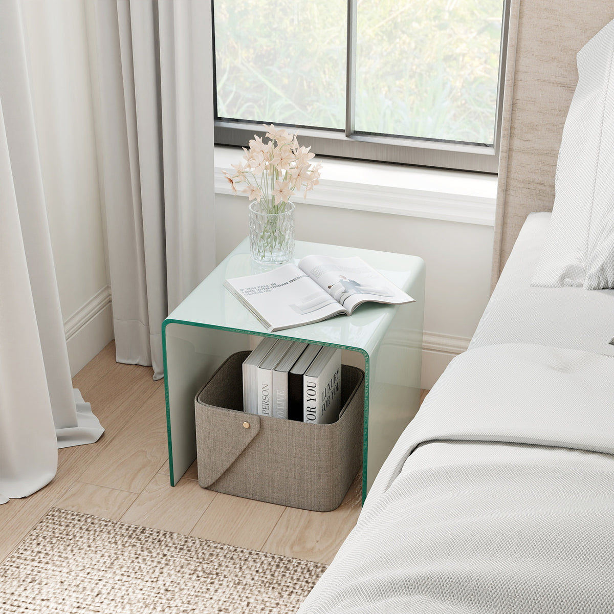 C-Shaped End Table with Shelf, White - Tempered Glass